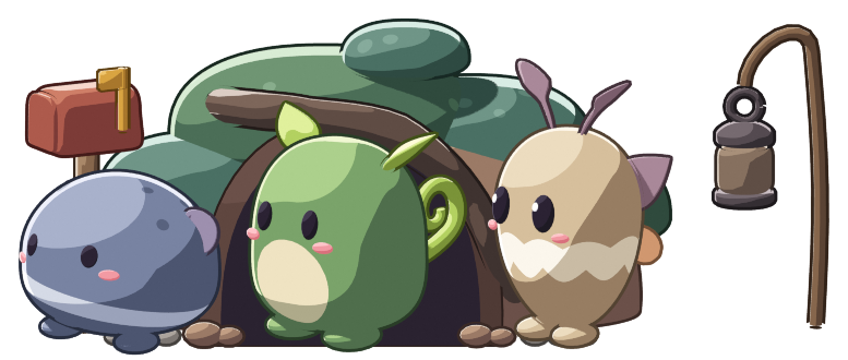 Three small round creatures, one blue-grey, one mossy green with leaf ears, and one tan with feathery antennae, stand in front of a mossy mound with a burrow, a red mailbox, and a lantern.