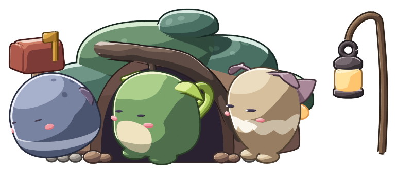 The same three creatures asleep in front of their mossy home, with the lantern lit.
